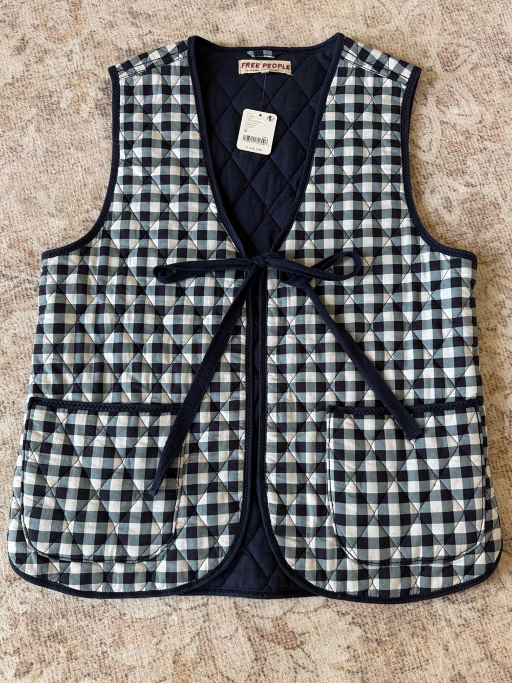 Free People Navy & White Quilted Plaid Vest with Tie Front